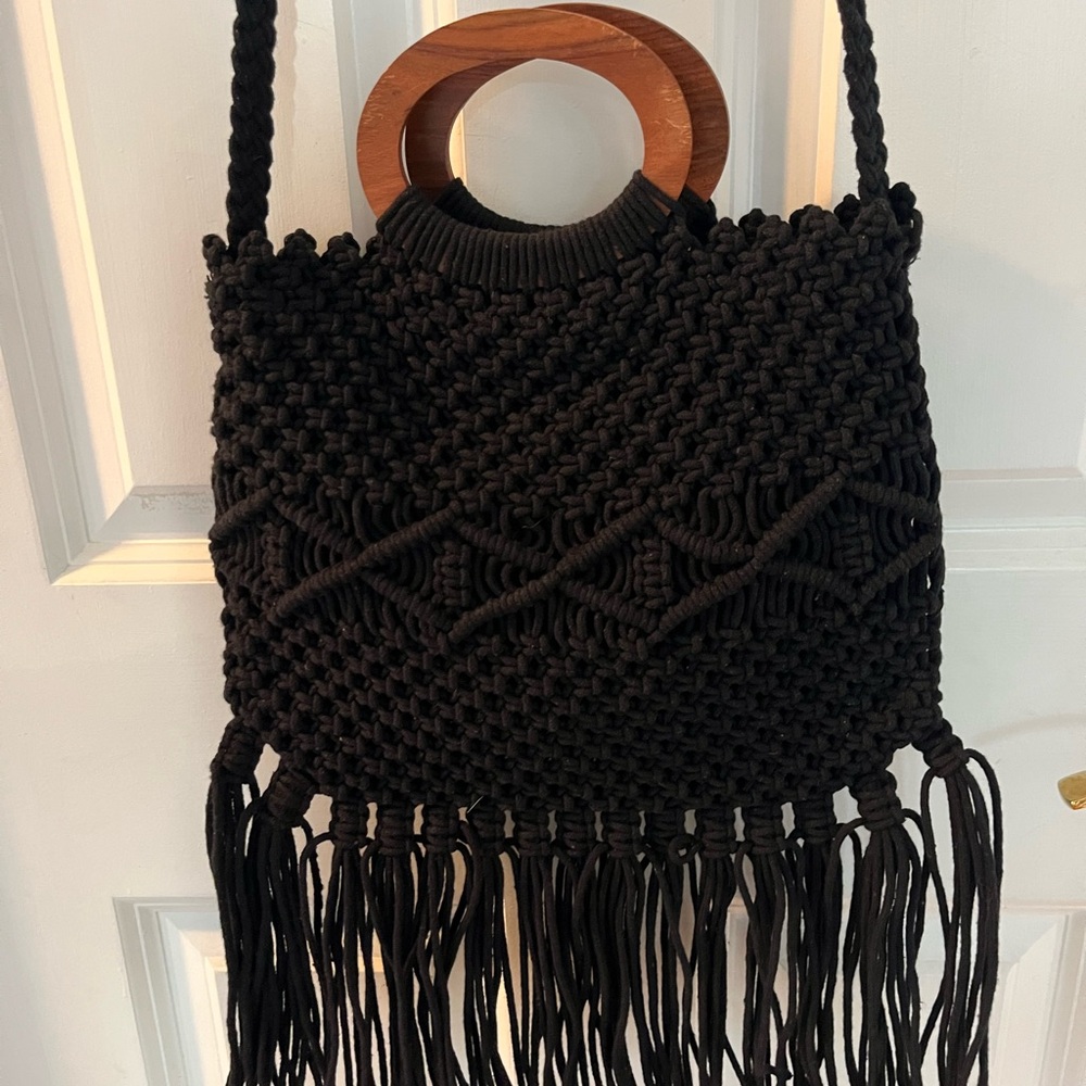 Danielle Nicole Black Tote Macrame Bag With Woode… - image 1